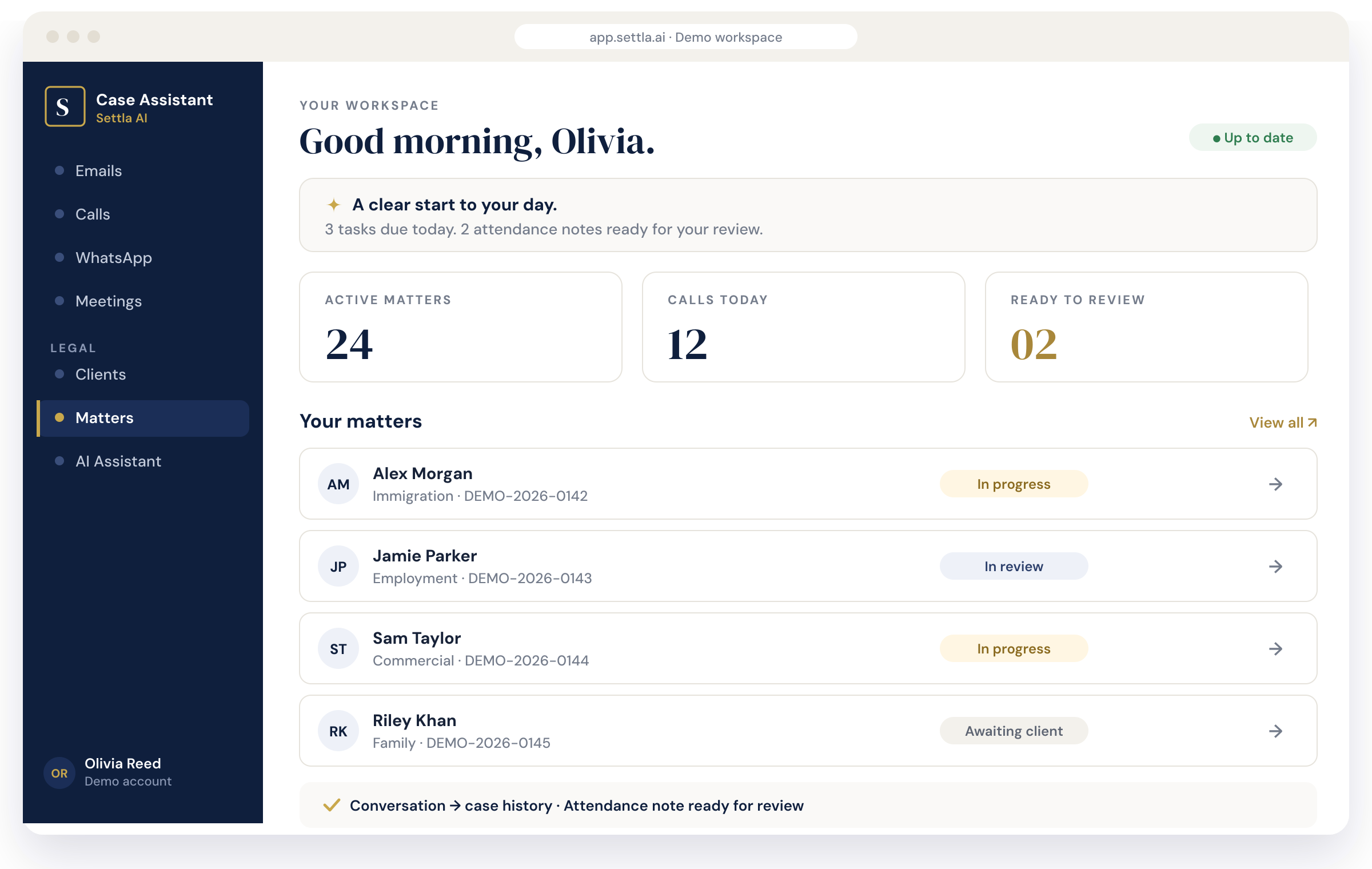 Settla AI Case Assistant: illustrative product view · fictional demo data