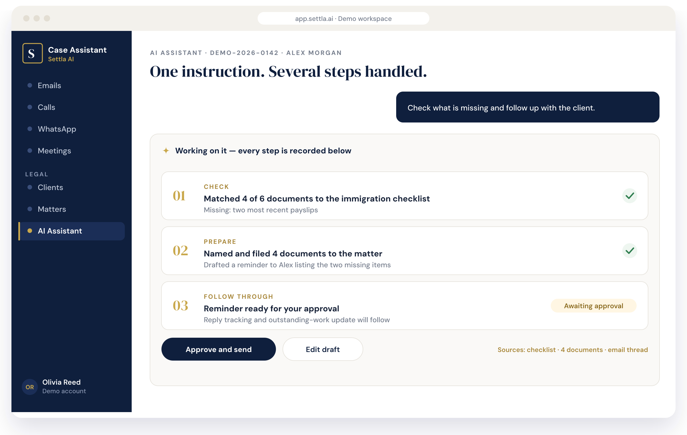 Settla AI: illustrative product view · fictional demo data
